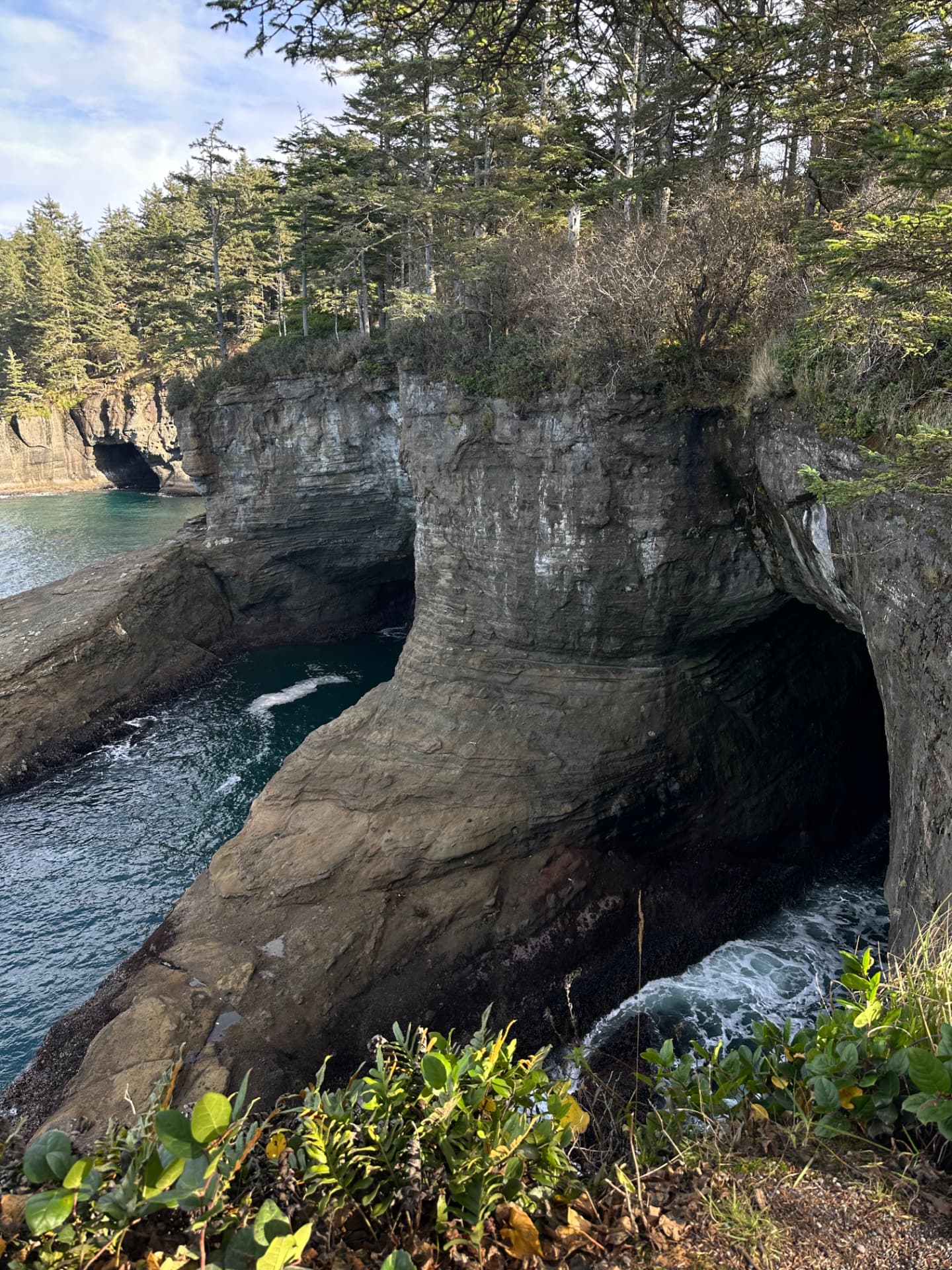 Rugged coastal cliffs with two sea cave openings above the ocean